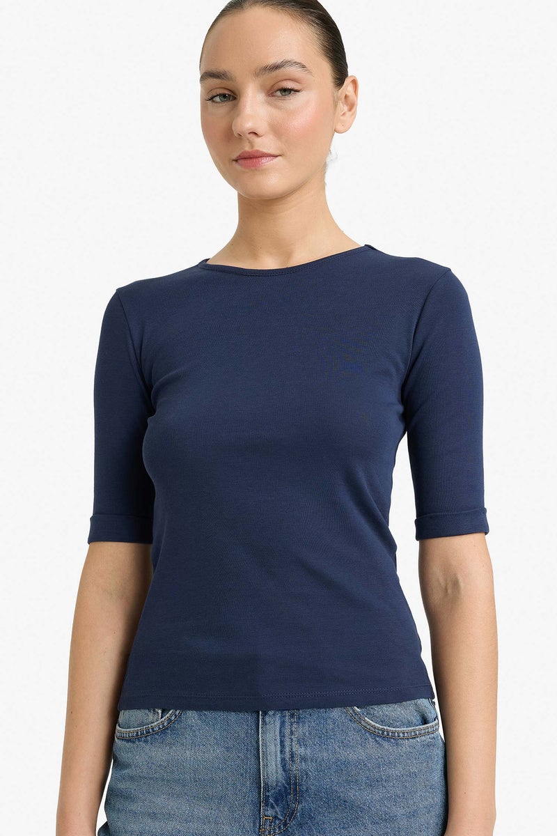 DeFacto Blue Woman Slim Fit Crew Neck Ribbed T-Shirt Casual - Image 1